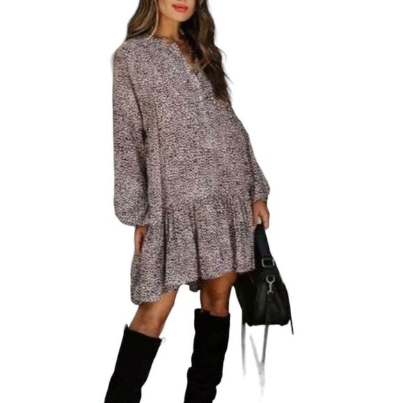 Vici Brown Tan Leopard Cheetah Print Long Sleeve Dress Women’s Size Small Flowy - Picture 2 of 9